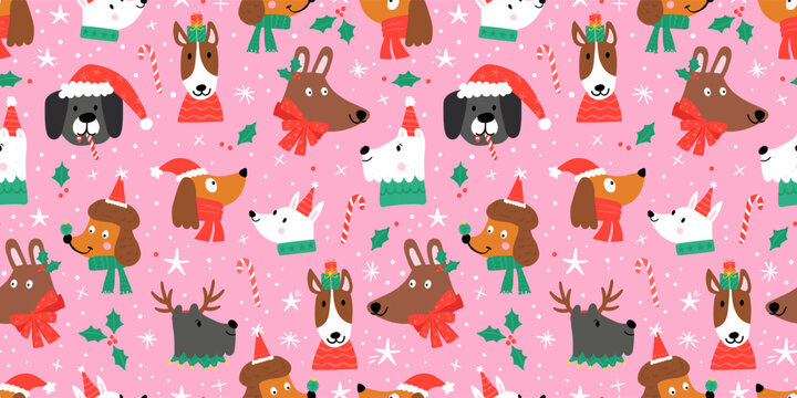 Fun hand drawn dogs with christas decoration, seamless pattern, cute background, great for fabrics, wallpapers, wrapping paper - vector