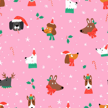 Fun hand drawn dogs with christas decoration, seamless pattern, cute background, great for fabrics, wallpapers, wrapping paper - vector