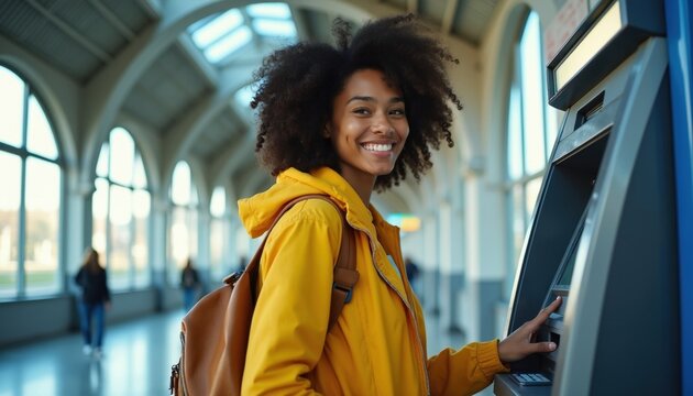 Young woman with curly hair uses ATM terminal at indoor station. Smiling traveler in yellow hoodie withdraws cash from banking machine. Happy person performs digital financial transaction on public