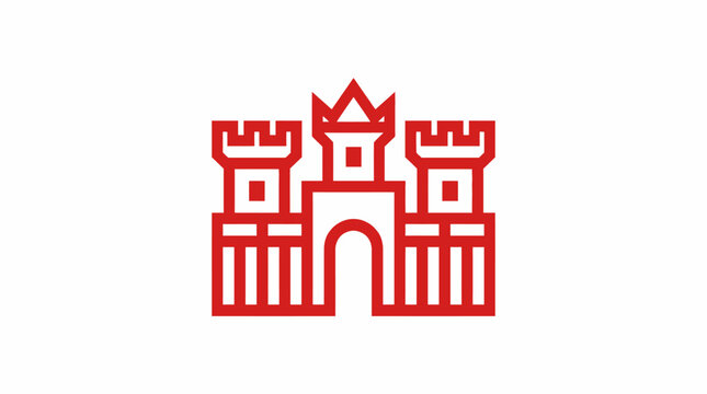 Red castle fortress architectural palace line art logo.