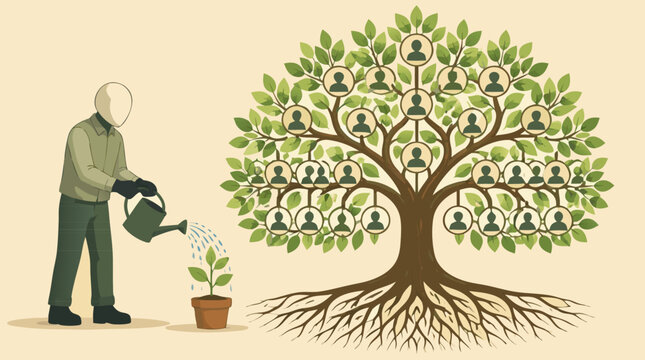 Faceless gardener watering a tiny potted plant beside a flourishing organizational tree, detailed vector illustration of people growth, talent nurturing, hierarchy, roots, and workforce development
