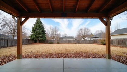 Fototapeta premium View from wooden covered patio into backyard with dry grass. Autumn leaves cover ground. Large evergreen pine stands near fence. Houses surround grassy lawn in suburban neighborhood under blue sky