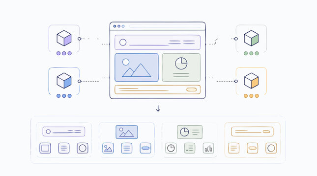 Micro frontend architecture vector illustration with modular app shell, connected UI components, widgets, dashboards and independent feature packages composed into scalable interface for engineering