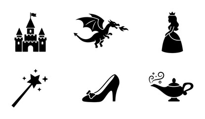 Fototapeta premium Fairytale Icons: Castle, Dragon, Princess, Magic Wand, Glass Slipper, Genie Lamp