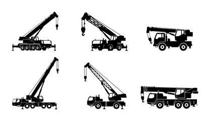 Mobile Crane Icons, Construction Vehicle Silhouettes, Heavy Machinery Vector Set © Boby
