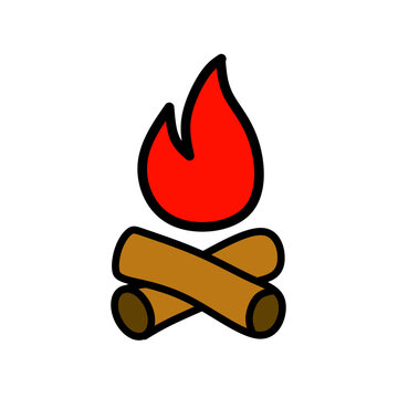 Vibrant campfire with crossed wooden logs and a red flame