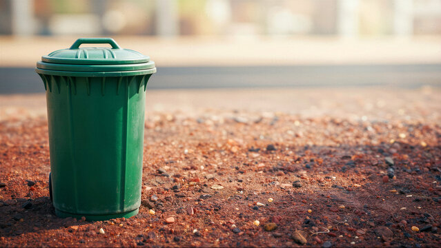Green trash can on gravel with blurred background