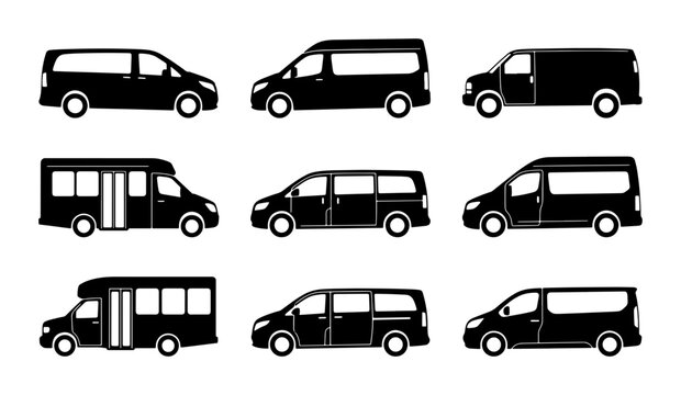 Black Van and Minibus Icons, Vehicle Silhouettes for Transport and Logistics, Vector Set
