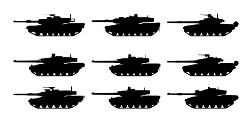 Military Tank Silhouettes, Armored Vehicle Icons, Warfare Machine Vector Set © Aditya