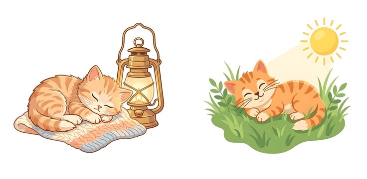 Cute ginger kitten set, sleeping cat on blanket with lantern, happy tabby kitten sunbathing in green grass, cozy pet illustrations for children