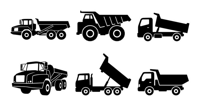 Dump Truck Icons Set: Construction Vehicles, Heavy Machinery, Industrial Transport Silhouettes