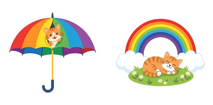 Cute ginger cat illustrations, set of 2 cartoon kittens with rainbow umbrella and sleeping on grass, colorful feline characters for nursery decor