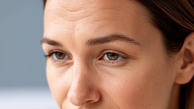 Worried Woman Checking Wrinkles and Expression Lines in Mirror