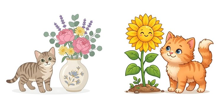 Cute kittens with flowers illustration set, adorable tabby cat by floral vase and ginger kitten with happy sunflower, charming nursery art