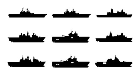 Obraz premium Modern Warship Silhouettes, Naval Fleet Icons, Military Vessel Vector Set
