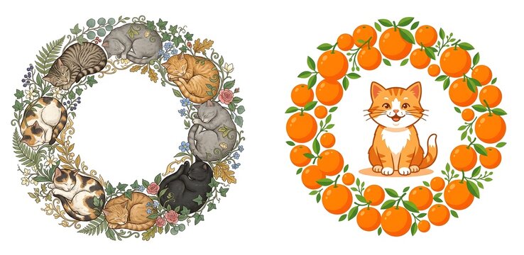 Cottagecore cat wreath illustrations, sleeping kittens in floral botanical circle, cute orange tabby cat with citrus fruit frame