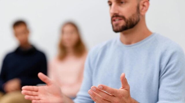 Man Speaking Calmly with Hand Gestures in Meeting