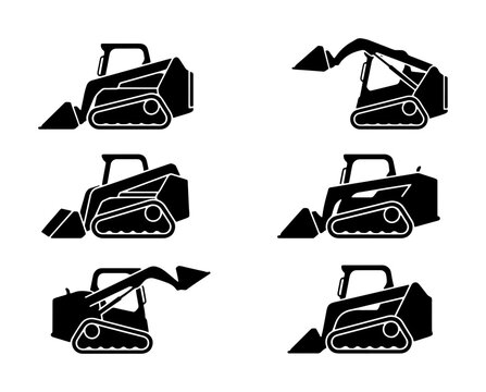 Compact Track Loader Icons, Skid Steer Machine Set, Construction Vehicle Silhouettes, Heavy Equipment Vector Graphics