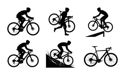 Fototapeta premium Cyclist Silhouettes Vector Set: Action Poses, Road Bike, Mountain Bike, Sports Graphics