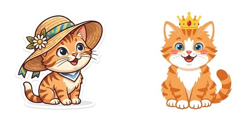 Obraz premium Cute ginger kitten stickers set, adorable orange tabby cat wearing straw hat and golden crown, whimsical feline character illustrations for kids