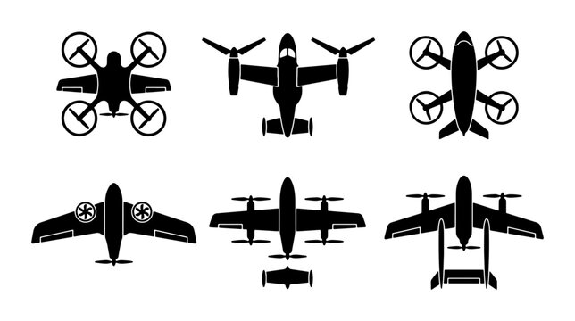 Modern Aircraft Icons: Drone, VTOL, Airplane Silhouettes for Aviation & Tech