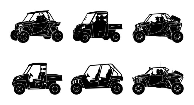 All-Terrain Vehicle Icons, Side-by-Side UTV Silhouettes, Rugged Off-Road Utility Vehicle Set