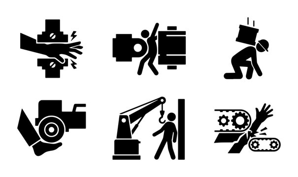 Industrial Safety Icons: Machine Hazards, Crushing, Falling Objects, Pinch Points, Heavy Lifting