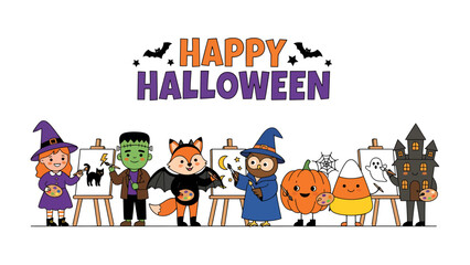 Fototapeta premium Happy Halloween Celebration: A whimsical collection of cartoon characters, including a witch, Frankenstein, a fox, an owl, a pumpkin, and a candy corn.