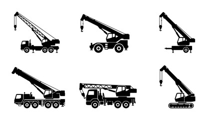 Mobile Crane Icons Set, Construction Vehicle Silhouettes, Heavy Machinery Vector Graphics © Sreya