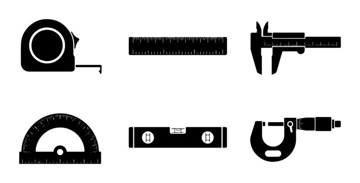 Measurement Tools Vector Icons: Ruler, Caliper, Micrometer, Tape Measure, Protractor, Level