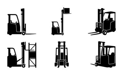 Forklift Icons Set, Warehouse Vehicle Silhouettes, Industrial Machinery Vector Graphics © Touhid