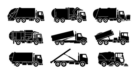Collection of 9 Black Silhouette Garbage Trucks, Sanitation Vehicles, Waste Management Icons © Touhid