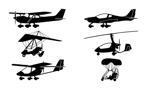 Aircraft Silhouettes: Small Planes, Helicopters, Ultralights, and Paragliders Vector Set