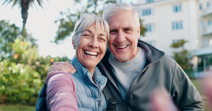 Fitness, face and selfie of senior couple, laugh and bonding with partner or picture on social media. Outdoor, photography and old people after physical activity, happy and memory on website at park