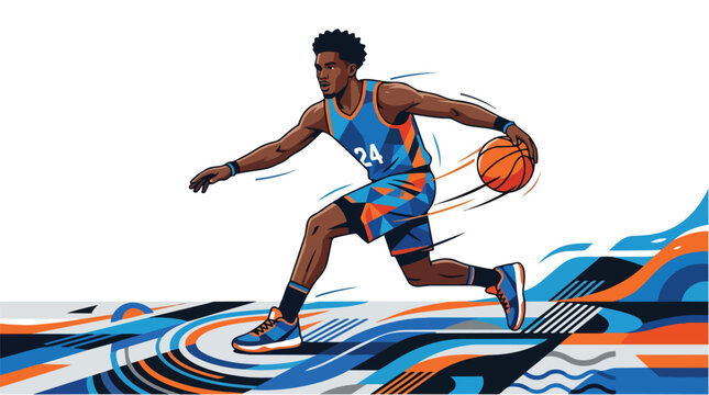 Dynamic stylized illustration of a basketball player dribbling the ball.