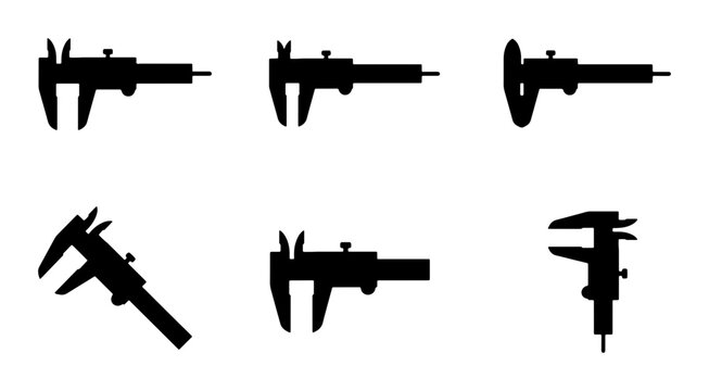 Calipers Set, Precision Measuring Tools Icons, Engineering Measurement Silhouettes, Technical Illustration