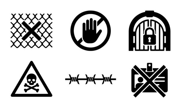 Security Icons Set: Warning, Access Denied, Barbed Wire, Restricted Area, Lock Gate