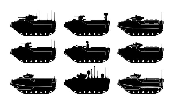 Armored Personnel Carrier Silhouettes, Military Transport Vehicles, Combat Vehicle Icons, Army Warfare Equipment