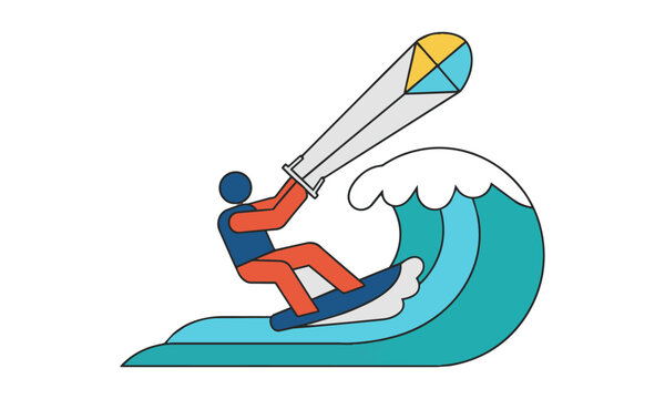 Minimalist kite surfer icon in a dynamic pose riding a stylized ocean wave with a simple kite, bold flat colors, active lifestyle concept