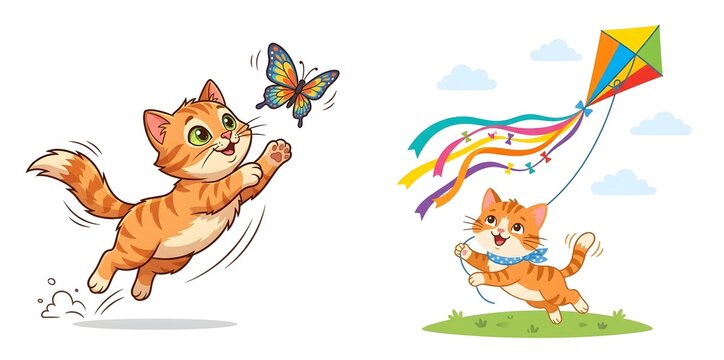 Cute ginger kitten character set, playful orange tabby cat chasing butterfly, happy cartoon kitten flying a colorful kite outdoors