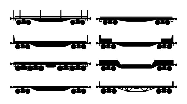 Set of 8 Flatbed Train Cars, Freight Railway Wagons, Cargo Transport Vector Icons
