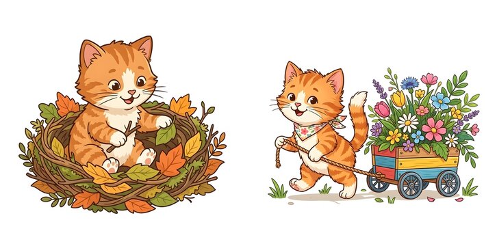 Cute ginger kitten illustrations, set of 2 cartoon cats in autumn nest and pulling flower cart, whimsical orange tabby kitten characters