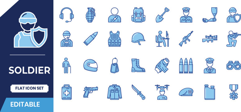 Military icon set soldier equipment and warfare symbols for design projects