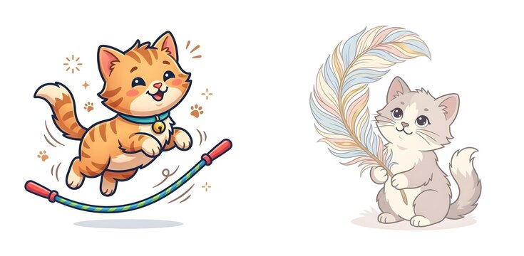 Cute cartoon kittens set, playful ginger cat jumping rope, adorable grey kitten holding a feather, hand drawn animal illustrations on white background