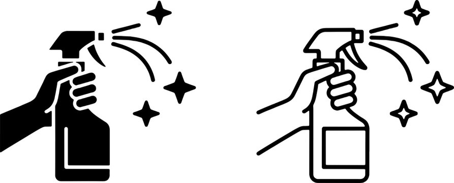 Hand holding spray bottle icon set, cleaning and sanitizing concept vector illustration.