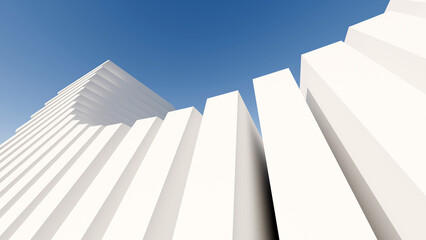 Obraz premium Low-angle 3D render of white minimalist parametric architecture against a blue sky
