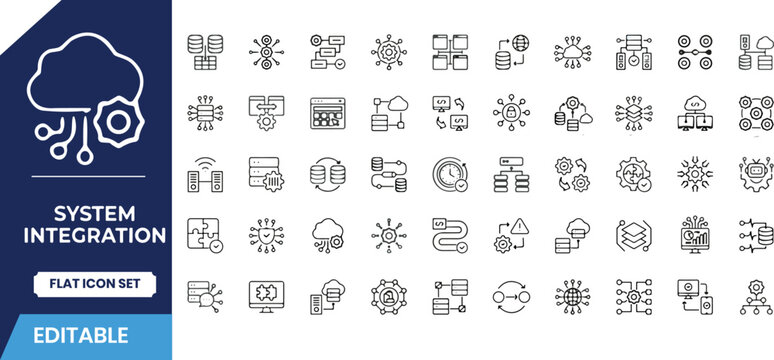 System integration icon set network data and automation solutions