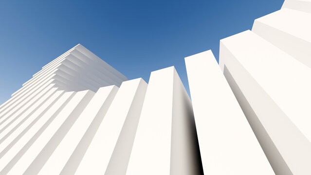 Low-angle 3D render of white minimalist parametric architecture against a blue sky
