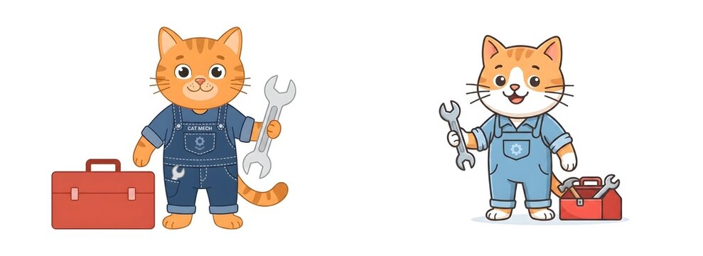 Cute ginger cat mechanic characters, funny kitten handyman in blue denim overalls with wrench and red toolbox, set of 2 cartoon feline repairman illustrations