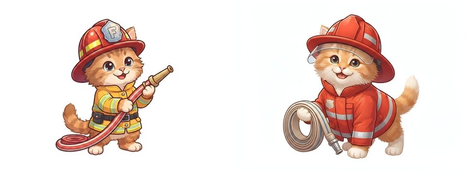 Adorable firefighter cat characters set, cute ginger kitten in red fire helmet and uniform, professional feline firemen with hose and equipment